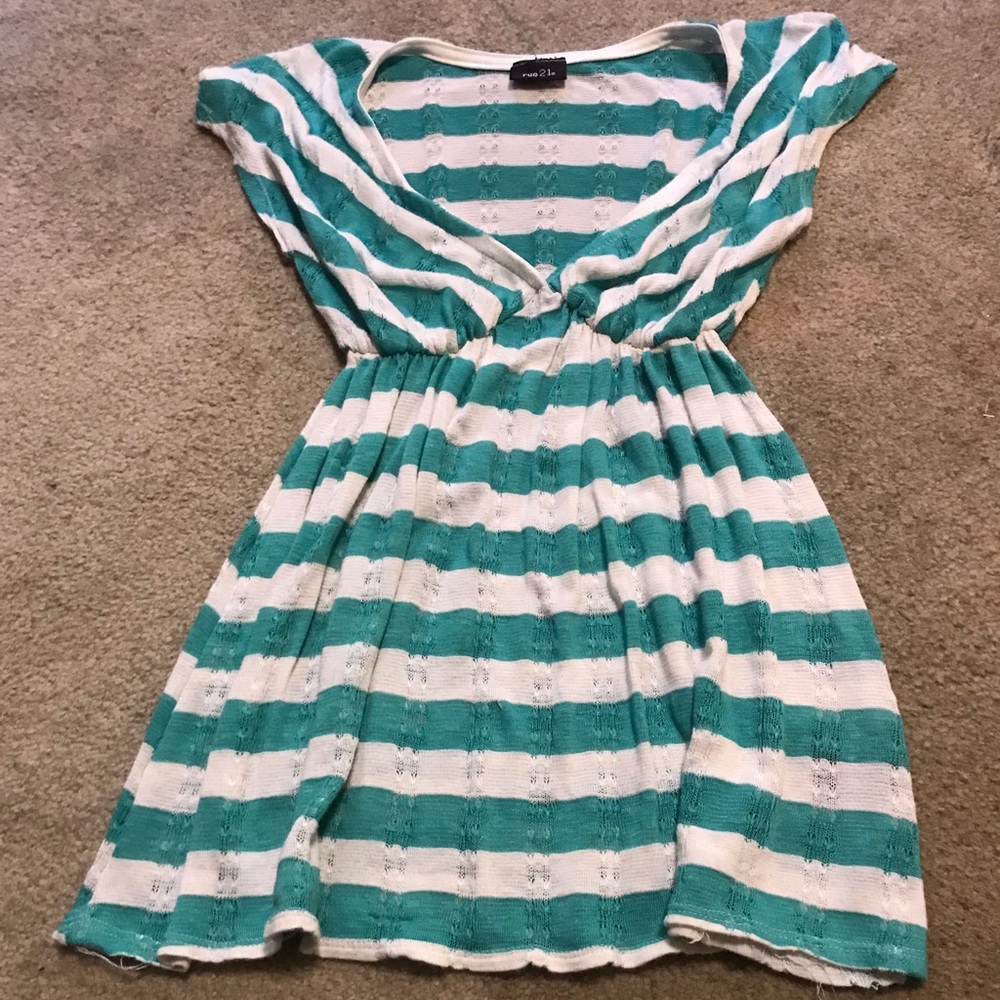 Teal and white striped blouse